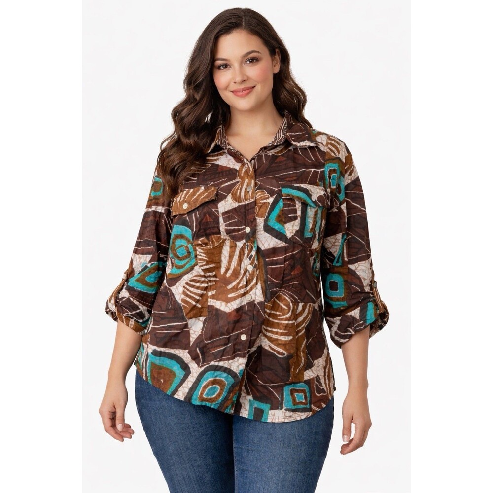 Life Style Woman Blouse 100% Cotton Boho Tribal Shirt Brown Teal Roll Tab Sleeve